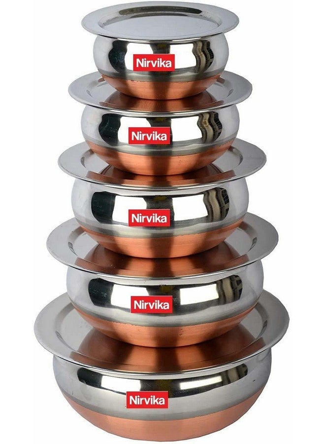 Nirvika Stainless Steel Copper Bottom Handi Set with Lid 5 Pieces Serving Bowl Cookware Set patila/Tapeli Size: 500 ML,750 ML, 1000 ML,1500 ML,2000 ML - Image 1