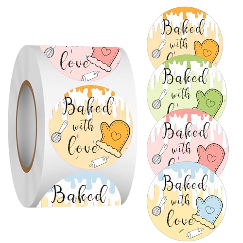 Limarqabel 500 Pcs Baked with Love Stickers 2 Inch Round Hand Made with Love Labels 4 Unique Design Perfect for for Cookie Cupcake Stickers,Homemade Bakery Bread Bags Labels - Image 1
