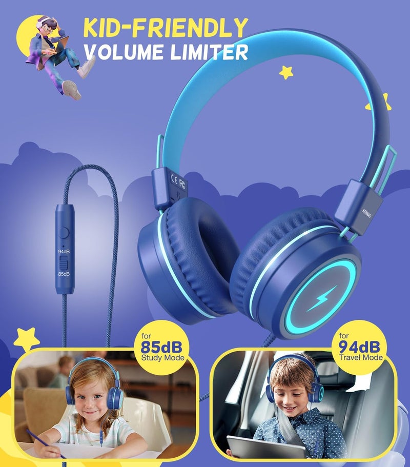 سماعات رأس للأطفال للمدرسة، سماعات رأس للأطفال من نوع USB Type C مع أضواء LED، سماعات رأس سلكية للأولاد والبنات مع محدد أمان 85dB/95dB، سماعات رأس قابلة للطي توضع على الأذن مع ميكروفونات للمدرسة/iPad - Image 3
