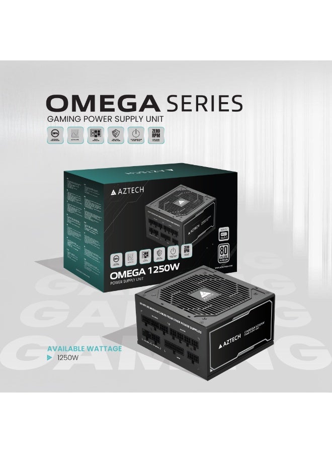 Aztech أوميغا 1250 واط 80 بلس ذهبية ATX 3.1 و PCIe 5.1 جاهز مزود طاقة كامل التعديل مروحة هجينة فائقة الهدوء 120 مم، مكثفات يابانية 100% 105 درجة مئوية، تحكم في الضوضاء منخفضة ZERO RPM مزود طاقة RTX 40 و Ryzen و Intel - Image 1