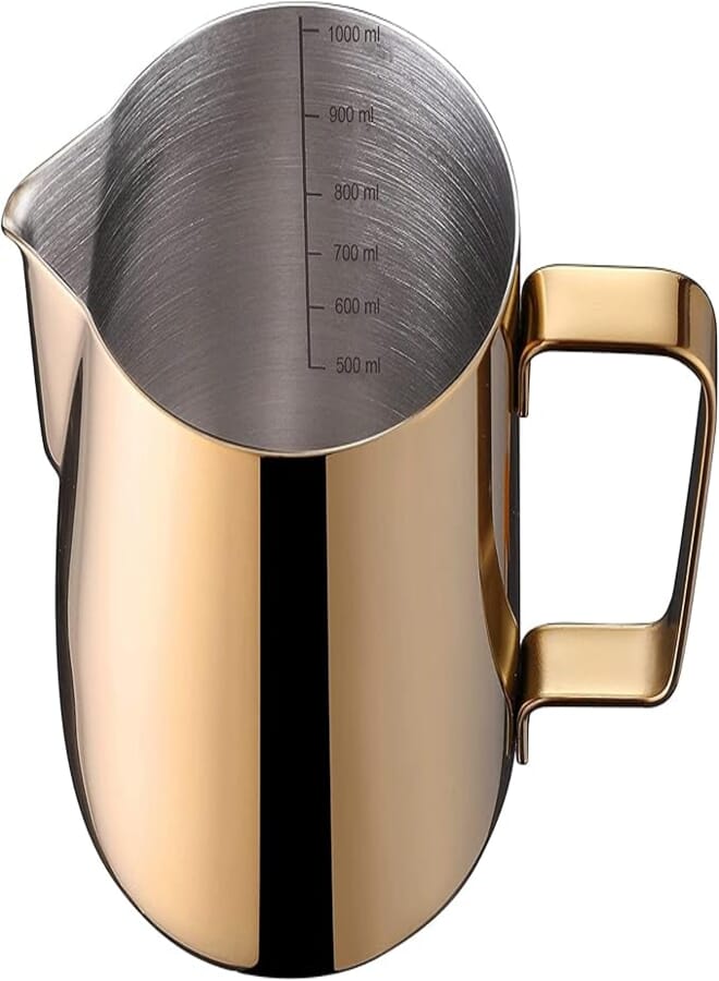 ELON Golden Milk Frothing Pitcher, 350ml/600ml/1000ml Espresso Steaming Pitchers Stainless Steel Milk Coffee Cappuccino Steam Pitchers Milk Jug Cup (Golden (Stainless Steel), 1000ml/38oz)