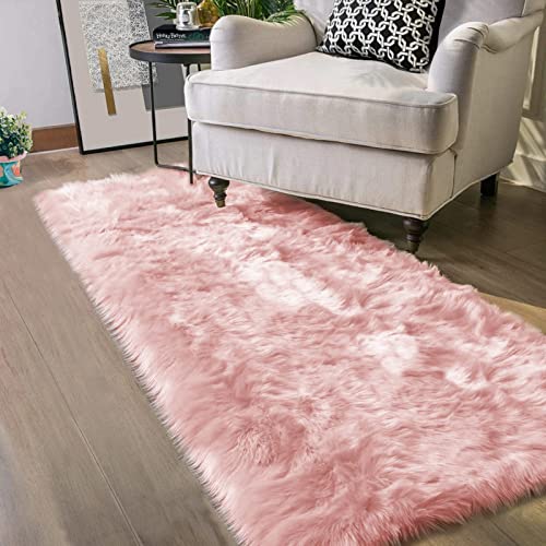 Latepis Pink Runner Faux Sheepskin Fur Rugs 2X5 Fluffy Rug for Bedroom Cute Furry Shag Fuzzy Rug for Girls Room Dorm Luxury Room Decor - Image 1