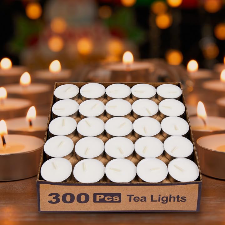 Tea Lights Candles 300 Pack 45 Hours Fully Burns Tealight Candles Unscented Smokeless Bright Flame Paraffin Tealights for Home Sabbath Weddings Christmas Halloween Decor White
