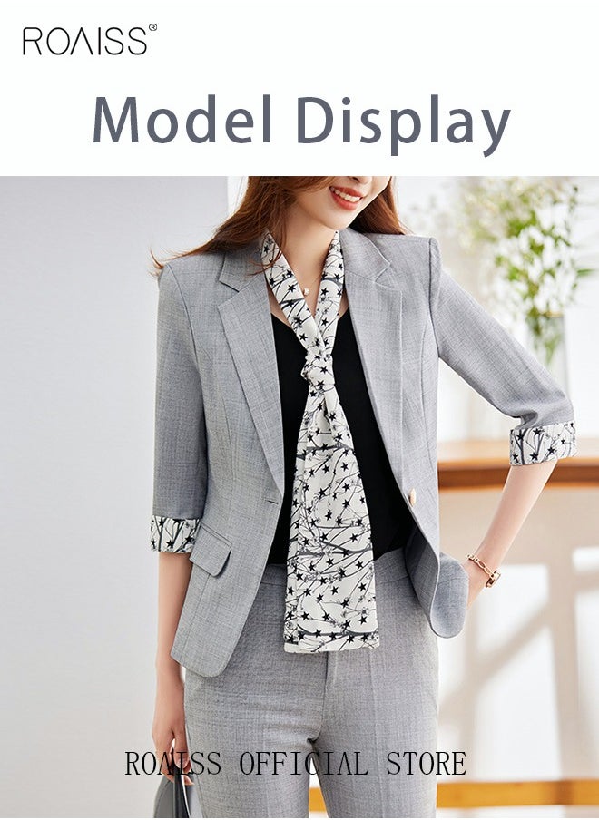 roaiss - Women's Suits with Scarf Long Sleeve Blazer Office Women's Wear Thin Casual Design Women's Blazers Lapel Long Sleeve Button Casual Business Jacket - Image 1