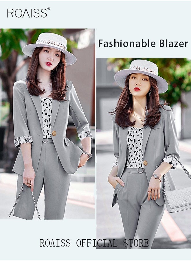 roaiss - Women's Suits with Scarf Long Sleeve Blazer Office Women's Wear Thin Casual Design Women's Blazers Lapel Long Sleeve Button Casual Business Jacket - Image 1