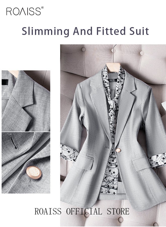 roaiss - Women's Suits with Scarf Long Sleeve Blazer Office Women's Wear Thin Casual Design Women's Blazers Lapel Long Sleeve Button Casual Business Jacket - Image 1