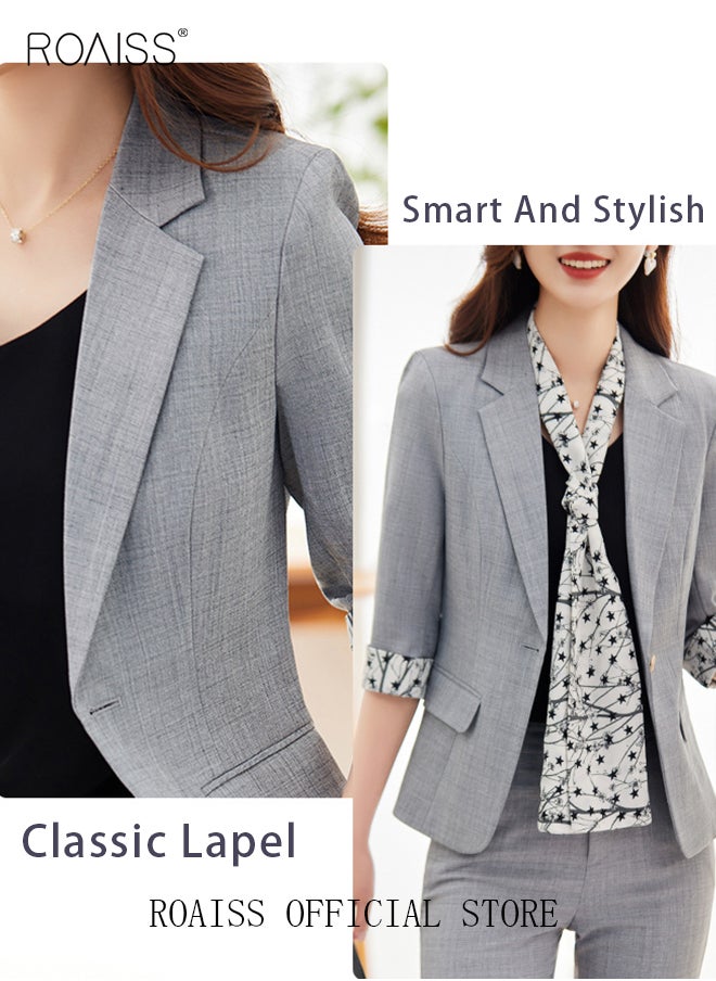 roaiss - Women's Suits with Scarf Long Sleeve Blazer Office Women's Wear Thin Casual Design Women's Blazers Lapel Long Sleeve Button Casual Business Jacket - Image 1