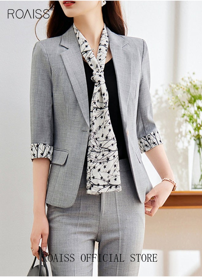 roaiss - Women's Suits with Scarf Long Sleeve Blazer Office Women's Wear Thin Casual Design Women's Blazers Lapel Long Sleeve Button Casual Business Jacket - Image 1