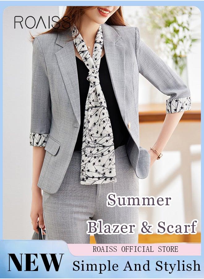 roaiss - Women's Suits with Scarf Long Sleeve Blazer Office Women's Wear Thin Casual Design Women's Blazers Lapel Long Sleeve Button Casual Business Jacket - Image 1