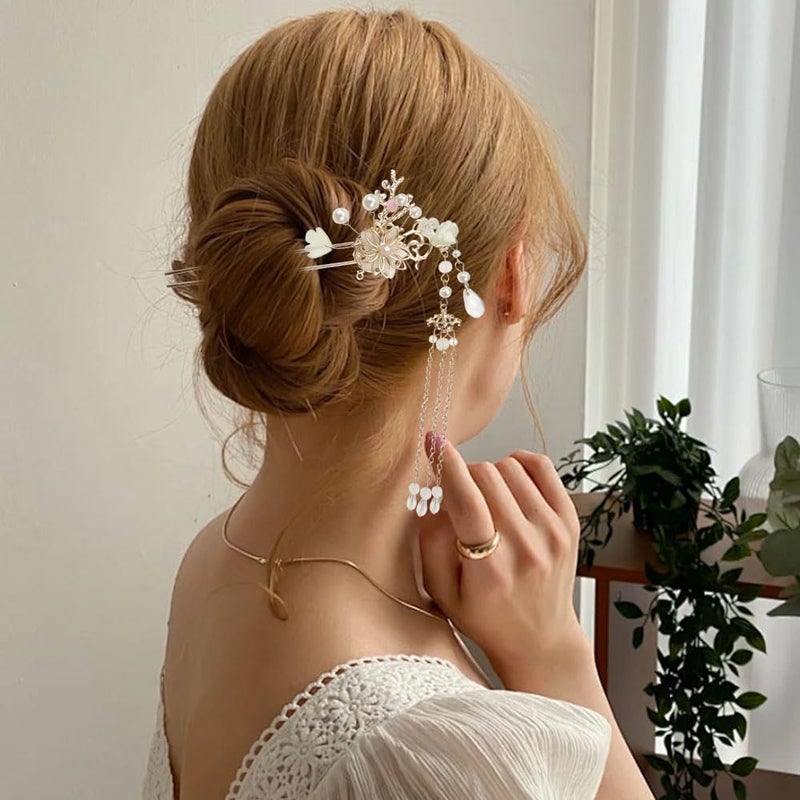 Jaczora 5PCS Flower Pearl Tassels Hairpin, Rhinestone Hair Clips Headpiece Vintage Chinese Hanfu Wedding Brides Hair Accessories for Women Girls Updo Long Hair - Image 5