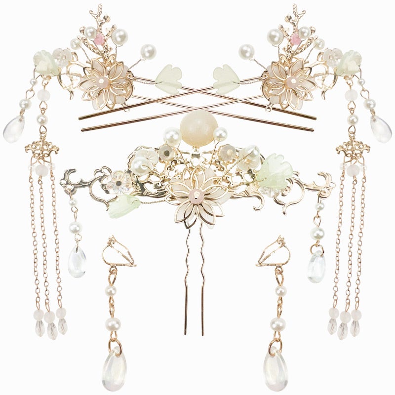 Jaczora 5PCS Flower Pearl Tassels Hairpin, Rhinestone Hair Clips Headpiece Vintage Chinese Hanfu Wedding Brides Hair Accessories for Women Girls Updo Long Hair - Image 1
