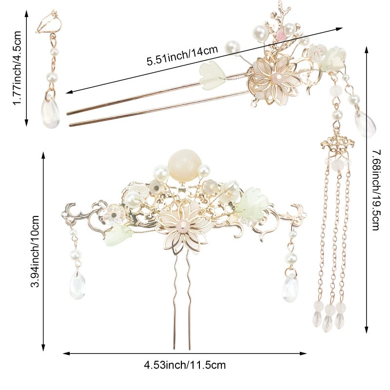 Jaczora 5PCS Flower Pearl Tassels Hairpin, Rhinestone Hair Clips Headpiece Vintage Chinese Hanfu Wedding Brides Hair Accessories for Women Girls Updo Long Hair - Image 2