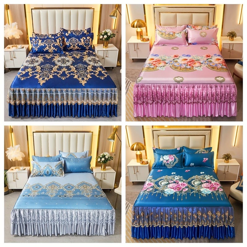 2pcs 3pcs New Full Lace Hem Bed Skirt Jacquard Ice Mat Softness Comfort Folding Machine Wash Mattress Cover Bedding Bedroom Guest Room Single Double Multiple Sizes 1pc Bed Skirt 1pc 2pcs Pillowcases Blue 140cm 200cm - Image 3