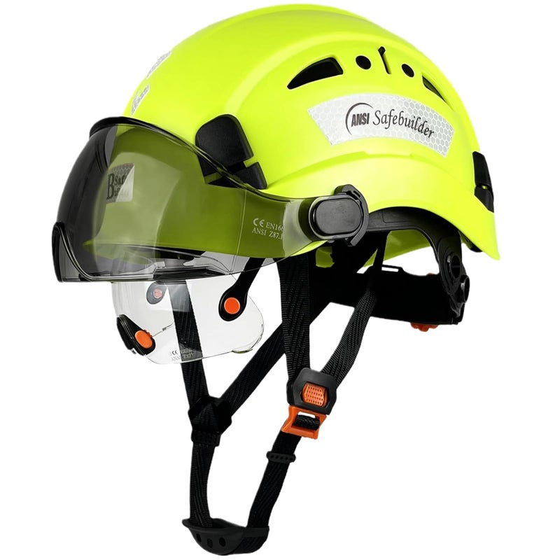 Safebuilder Safety Helmet Hard Hat With Visor Adjustable Lightweight Vented Work Helmet For Men Ansi Z89.1 Approved Industrial & Construction (Fluorescent Green Helmet With Clear & Tinted Visor) - Image 1