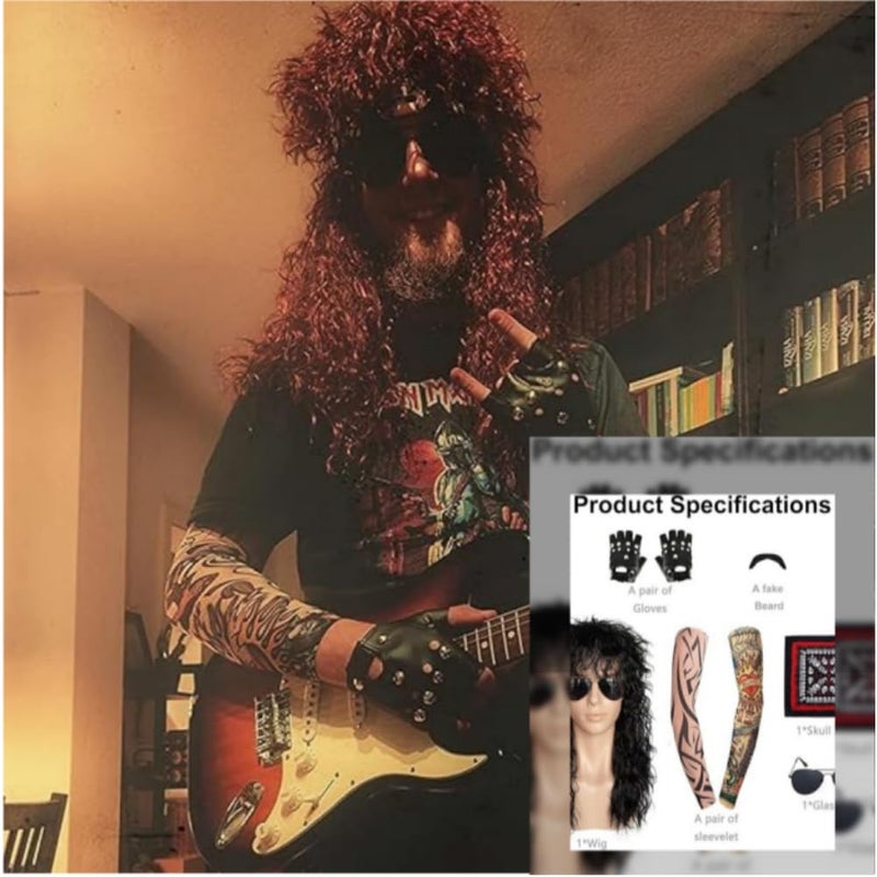 Svzadipe 7 Pcs Rocker Costume Men's Curls Disco Party with Wigs Sunglasses Beards Sleeves Gloves Headscarves for 70s 80s 90s - Image 4