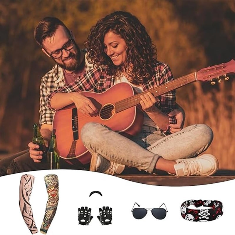 Svzadipe 7 Pcs Rocker Costume Men's Curls Disco Party with Wigs Sunglasses Beards Sleeves Gloves Headscarves for 70s 80s 90s - Image 3