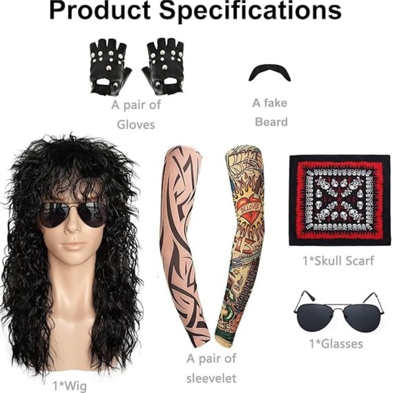 Svzadipe 7 Pcs Rocker Costume Men's Curls Disco Party with Wigs Sunglasses Beards Sleeves Gloves Headscarves for 70s 80s 90s - Image 1