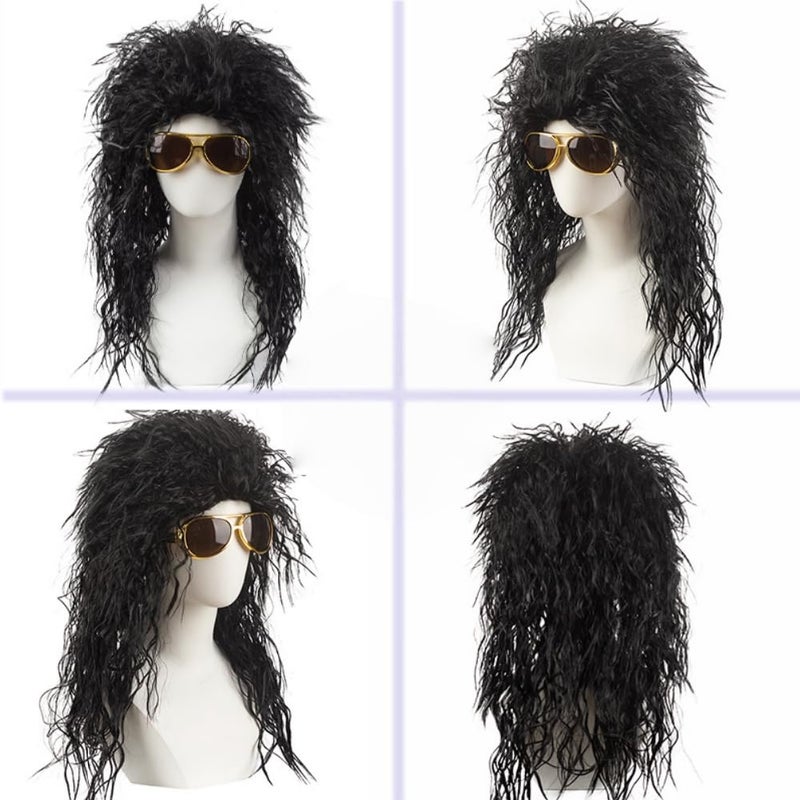 Svzadipe 7 Pcs Rocker Costume Men's Curls Disco Party with Wigs Sunglasses Beards Sleeves Gloves Headscarves for 70s 80s 90s - Image 2