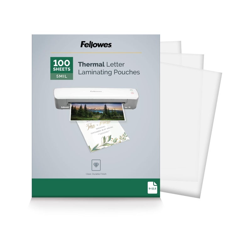 Fellowes Thermal Laminating Pouches, 5mil Letter Size Sheets, 9 x 11.5, 100 Pack, Clear (5743501)