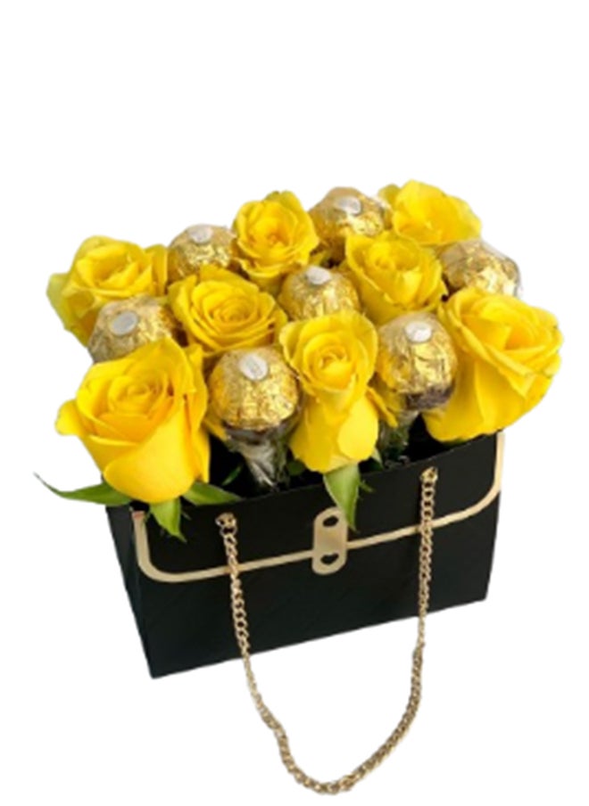 wardi Yellow Roses And Ferroro Chocolate In A Bag 