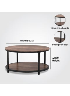 Lovstro Round Wooden Coffee Table 2-Tiers with Rustic Wood Effect Desktop and Storage Shelf - Middle Table - 80cm Diameter Center Table for Living Room Decor  - Image 2