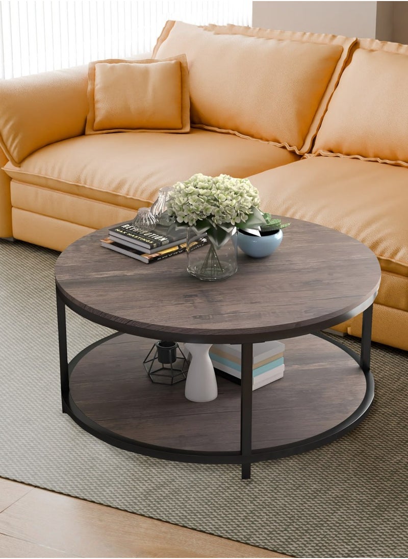 Lovstro - Round Wooden Coffee Table 2-Tiers with Rustic Wood Effect Desktop and Storage Shelf - Middle Table - 80cm Diameter Center Table for Living Room Decor - Image 1