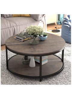 Lovstro Round Wooden Coffee Table 2-Tiers with Rustic Wood Effect Desktop and Storage Shelf - Middle Table - 80cm Diameter Center Table for Living Room Decor  - Image 1