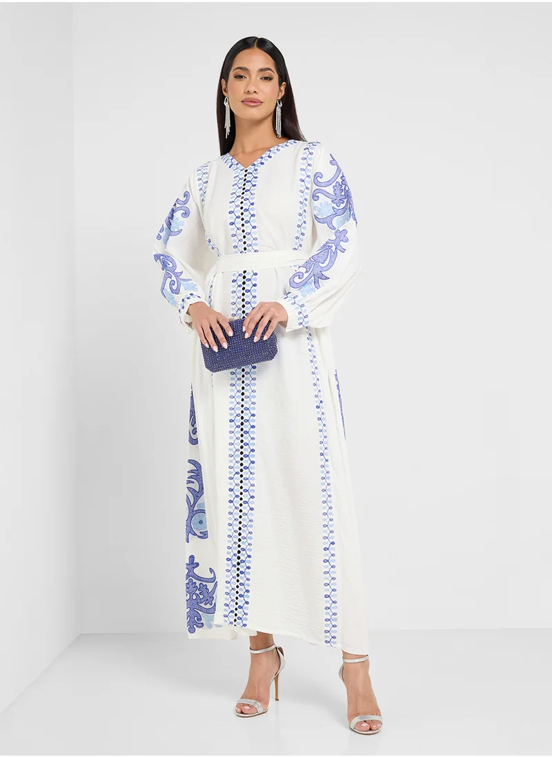 hayas closet Embroidered Belted Flared Sleeve Dress