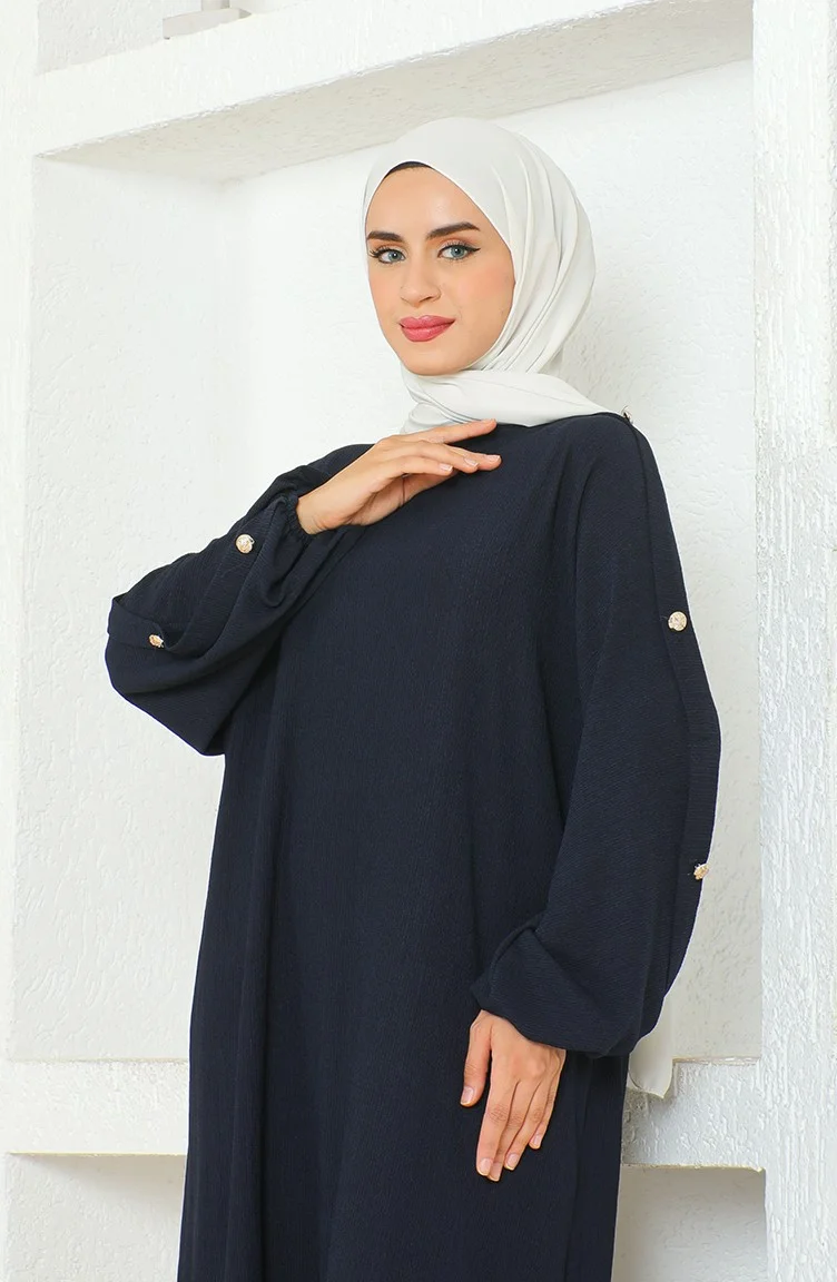 Sefa Merve Bürümcük Fabric Dress Abaya 1023-02 Navy Blue