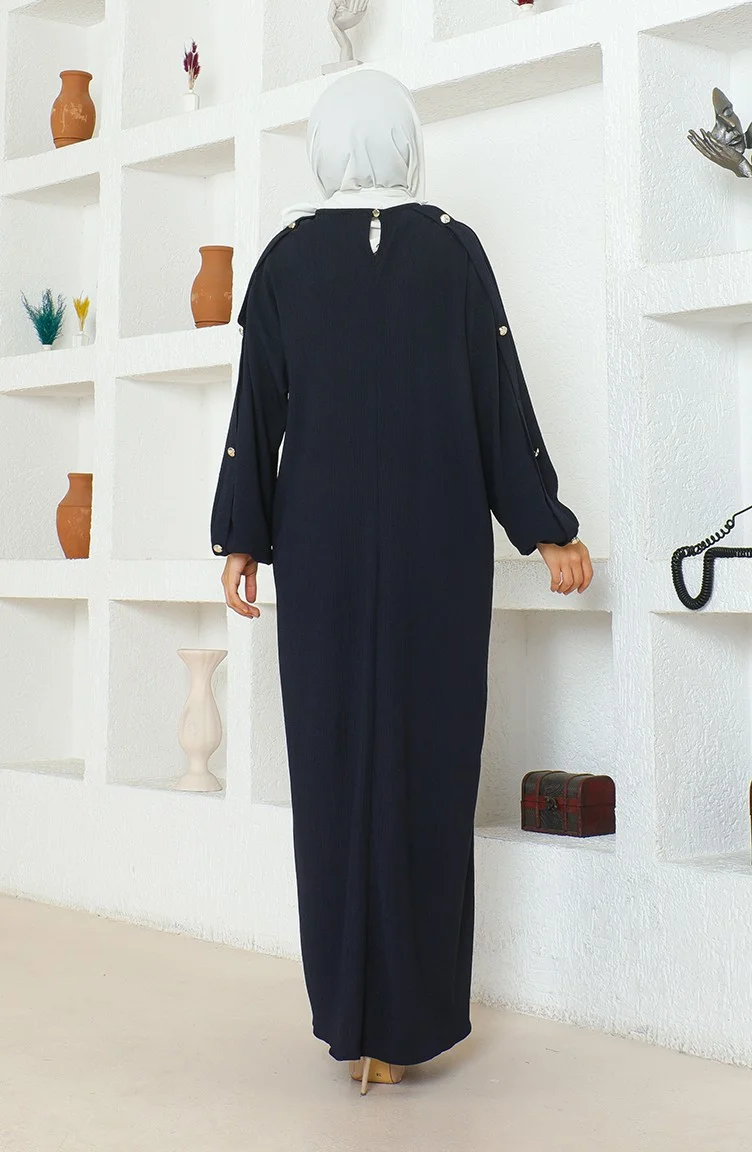Sefa Merve Bürümcük Fabric Dress Abaya 1023-02 Navy Blue