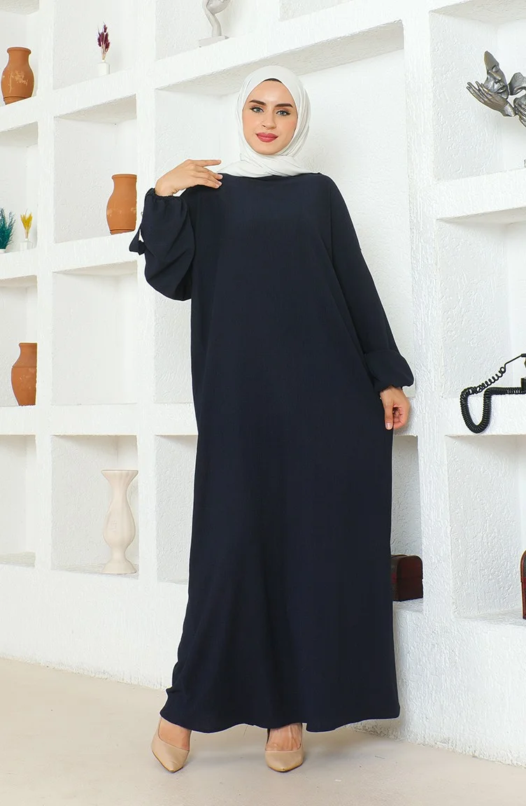 Sefa Merve Bürümcük Fabric Dress Abaya 1023-02 Navy Blue