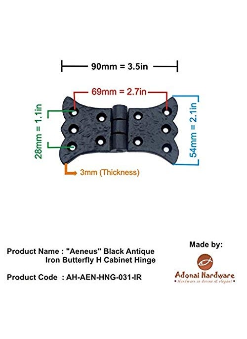 Adonai Hardware Adonai Hardware Aeneus Black Antique Iron Butterfly H Cabinet Hinge Supplied as 2 Pieces per Pack Black Powder Coated  - Image 2