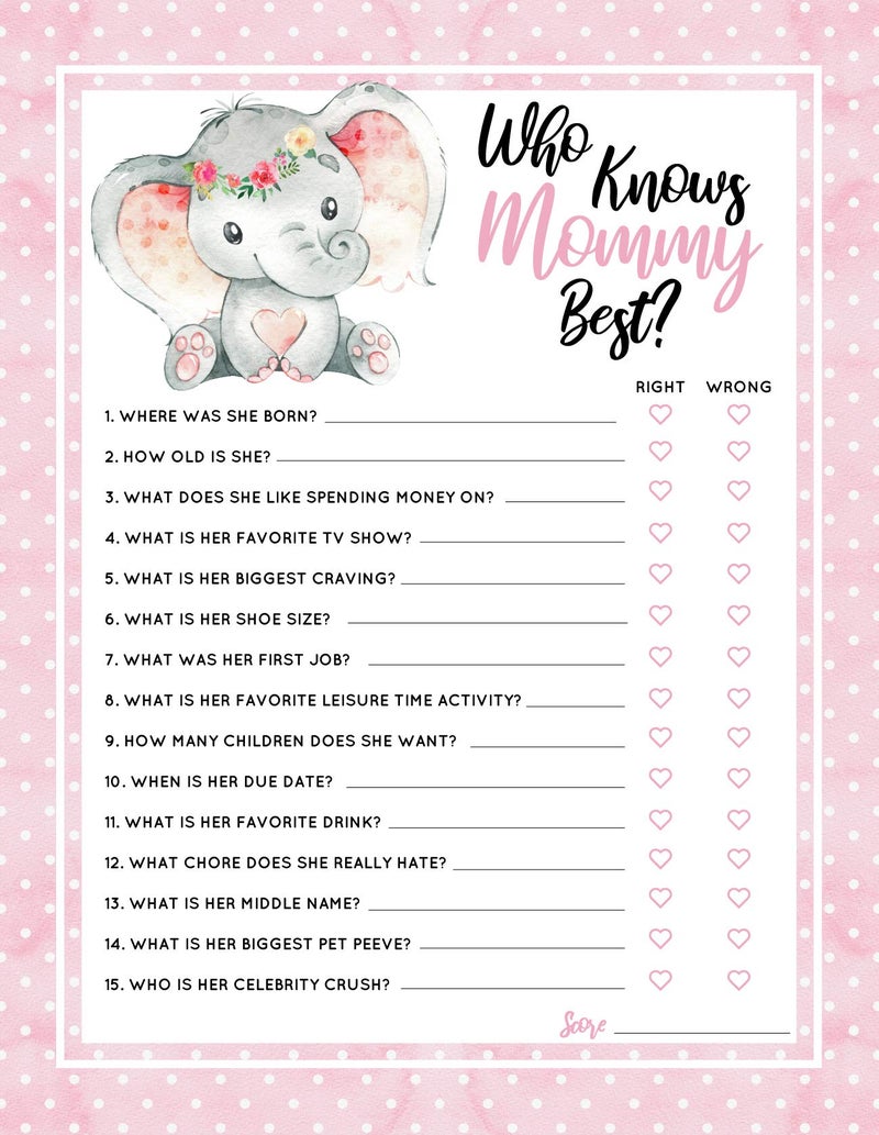 30 Pink Elephant Who Knows Mommy Best Baby Shower Game and Activity Easy to Play Gender Reveal New Parent Women Men or Kids