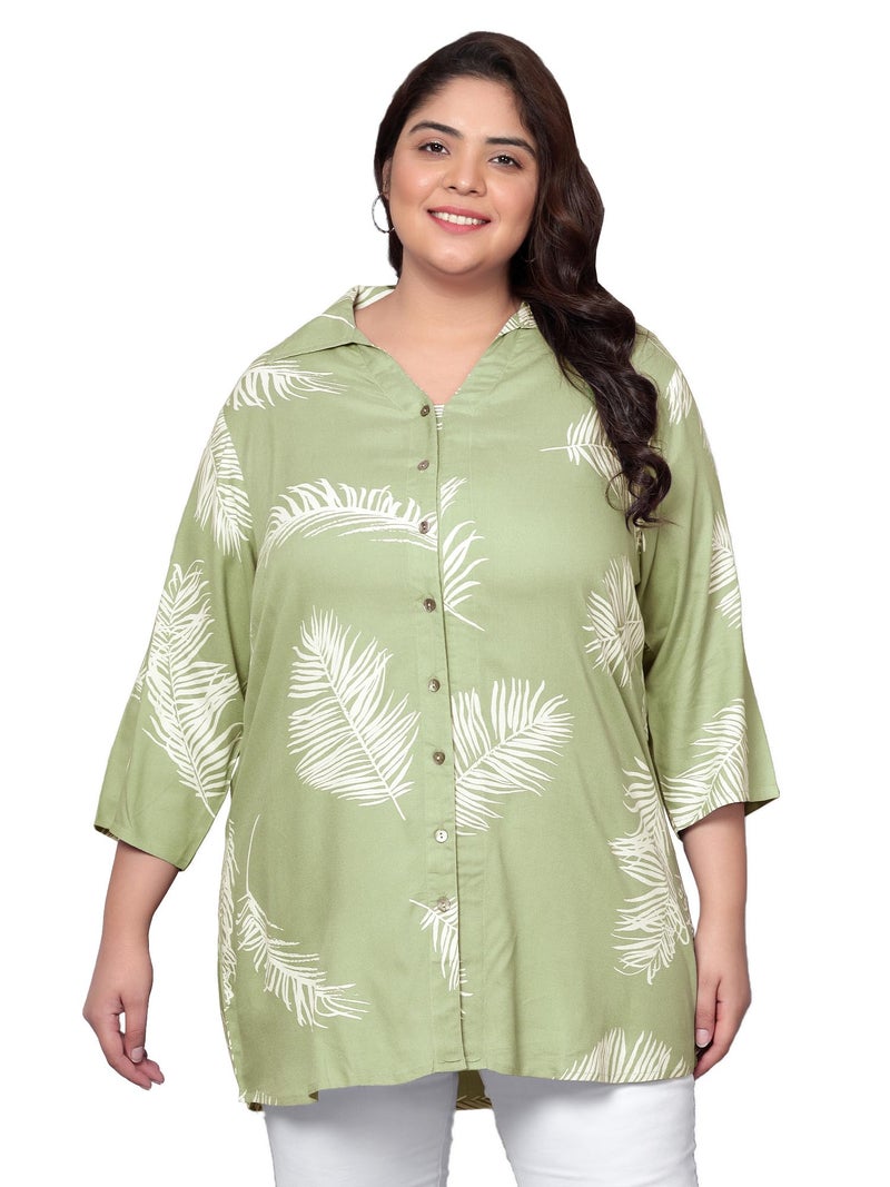 Indietoga Women's Plus Size Rayon Longline Regular Fit Shirt Tops (10001467_Green Printed_7Xl) - Image 1