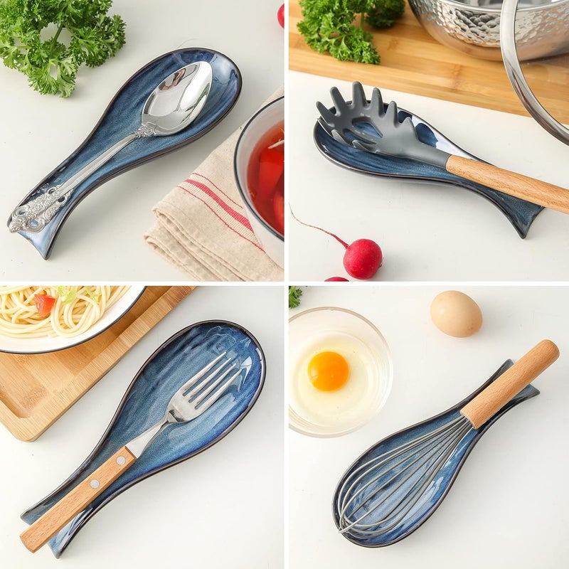 Hasense Ceramic Spoon Rest for Stove Top, Porcelain Spoon Holder for Kitchen Counter Cooking Utensil Home Decor, Navy - Image 3