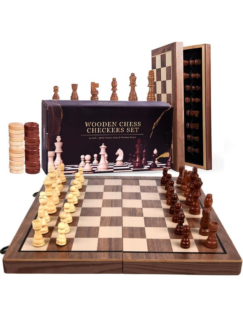 ULHYC Chess Sets,15 Inch Magnetic Wooden Chess Set, Board Game for Adults and Kids, with 24 Cherkers Pieces Extra & 2 Extra Queens,Portable Travel Chess Board Game Sets - Image 1