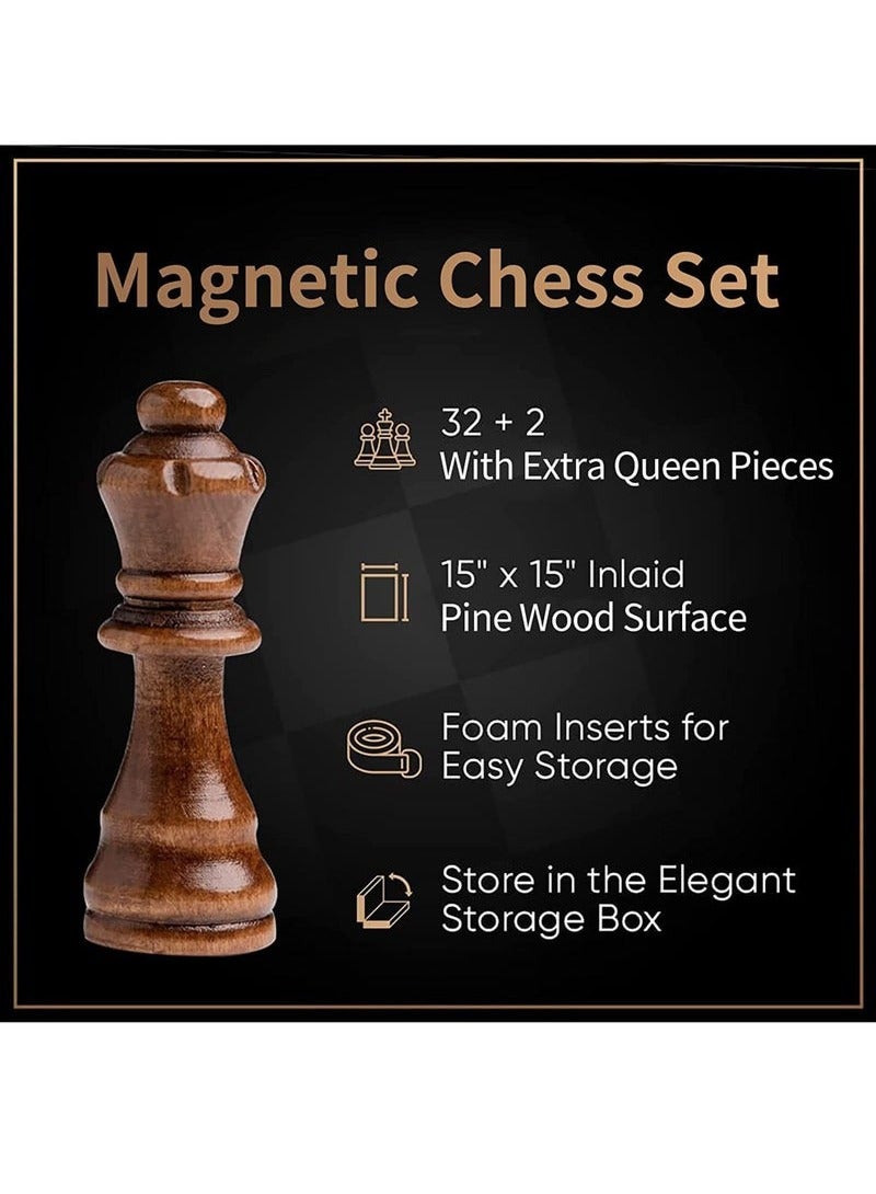 ULHYC Chess Sets,15 Inch Magnetic Wooden Chess Set, Board Game for Adults and Kids, with 24 Cherkers Pieces Extra & 2 Extra Queens,Portable Travel Chess Board Game Sets - Image 5