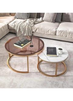 Modern Living Room Coffe Table Nesting Coffee Table Set of 2,Modern Side Table,Round Tempered Glass Marble Texture Stackable Coffee Tables,Living Room Sofa Table, Metal Frame