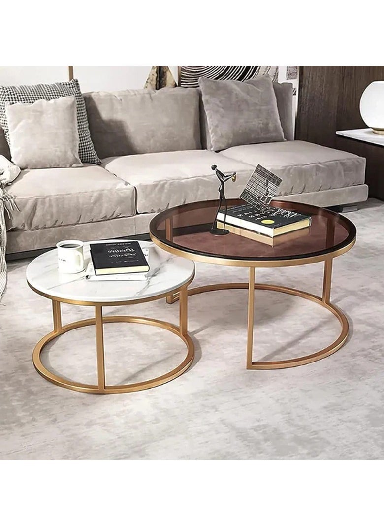 DubaiGallery Modern Living Room Coffe Table Nesting Coffee Table Set of 2,Modern Side Table,Round Tempered Glass Marble Texture Stackable Coffee Tables,Living Room Sofa Table, Metal Frame  - Image 2