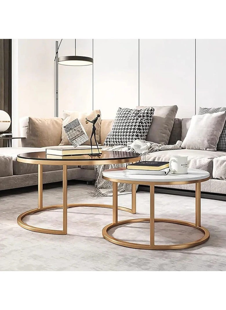 DubaiGallery Modern Living Room Coffe Table Nesting Coffee Table Set of 2,Modern Side Table,Round Tempered Glass Marble Texture Stackable Coffee Tables,Living Room Sofa Table, Metal Frame  - Image 3