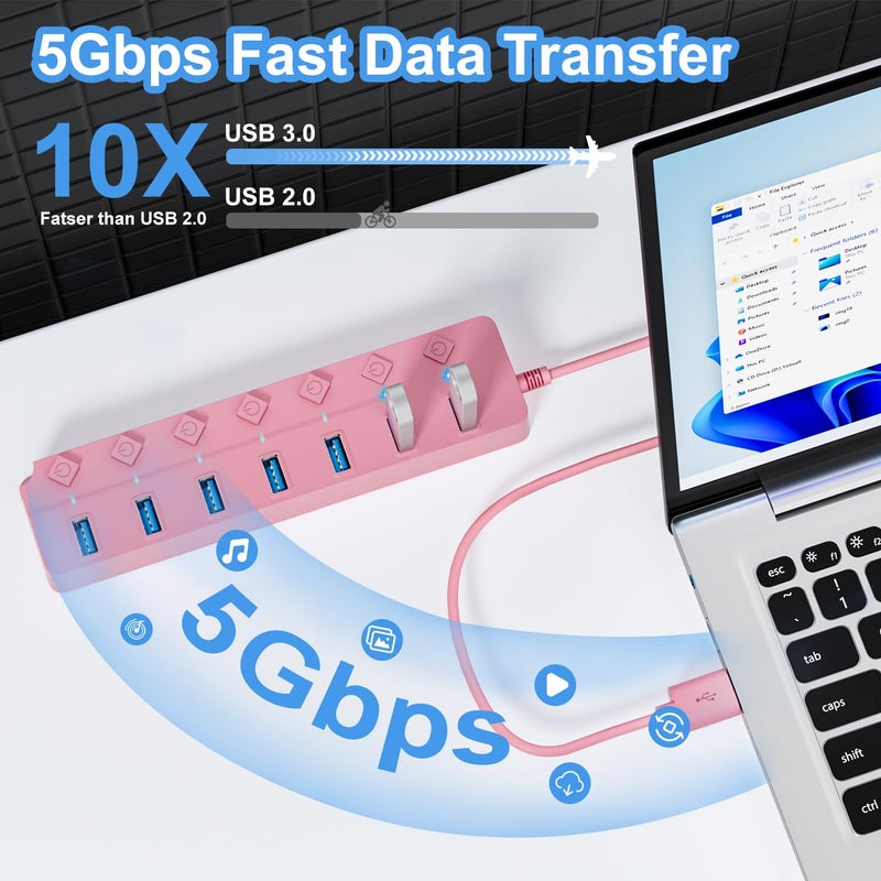 ONFINIO USB Hub 3.0, 7-Port USB Hub Splitter with Individual On/Off Switches and Lights, 3.2ft/1m Long Cable Compatible with MacBook, Laptop, Surface Pro, PS4, PC, Flash Drive, Mobile HDD-Pink - Image 2