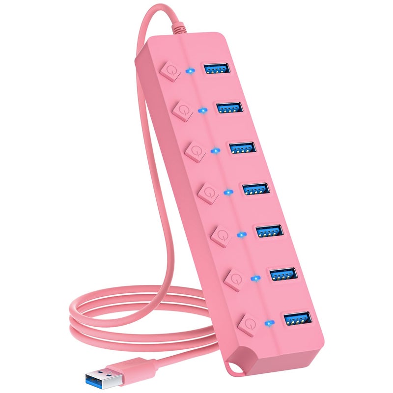 ONFINIO USB Hub 3.0, 7-Port USB Hub Splitter with Individual On/Off Switches and Lights, 3.2ft/1m Long Cable Compatible with MacBook, Laptop, Surface Pro, PS4, PC, Flash Drive, Mobile HDD-Pink - Image 1