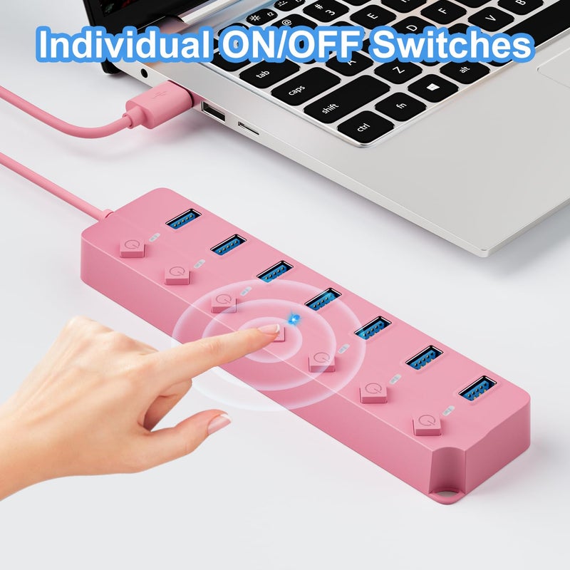 ONFINIO USB Hub 3.0, 7-Port USB Hub Splitter with Individual On/Off Switches and Lights, 3.2ft/1m Long Cable Compatible with MacBook, Laptop, Surface Pro, PS4, PC, Flash Drive, Mobile HDD-Pink - Image 4