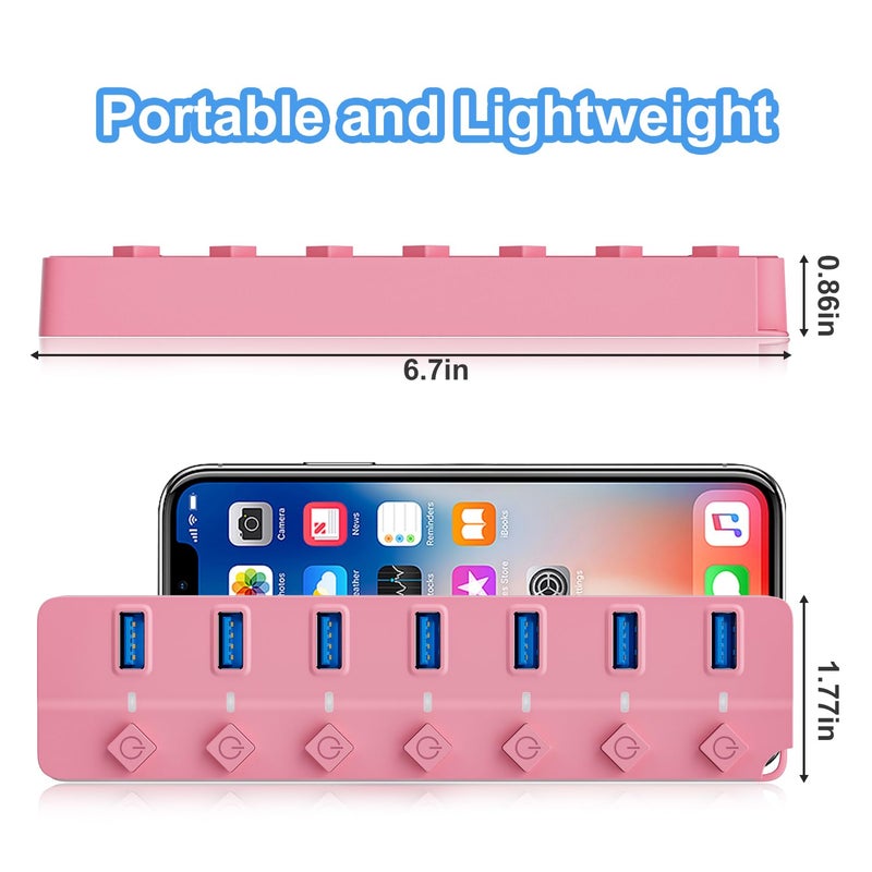 ONFINIO USB Hub 3.0, 7-Port USB Hub Splitter with Individual On/Off Switches and Lights, 3.2ft/1m Long Cable Compatible with MacBook, Laptop, Surface Pro, PS4, PC, Flash Drive, Mobile HDD-Pink - Image 5