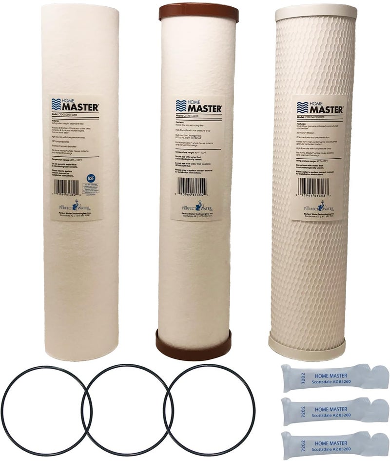 Home Master Whole House 4Layer Sediment 25 to 1 Micron Iron Radial Flow GAC Carbon 2 orings Grease 15gpm Replacement Filter Set CsetBB3SmgFeC 20x45