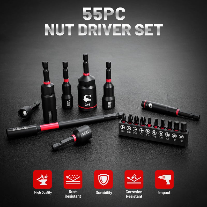 EZARC 55PCS Magnetic Impact Nut Driver Set, 1/4" Hex Shank Socket Adapter with Deep & Shallow Sockets, Wing Nut Setter, S2 Bits & Extension - Compatible with Impact Drills/Wrenches - Image 3