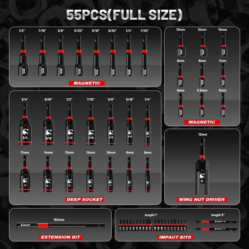 EZARC 55PCS Magnetic Impact Nut Driver Set, 1/4" Hex Shank Socket Adapter with Deep & Shallow Sockets, Wing Nut Setter, S2 Bits & Extension - Compatible with Impact Drills/Wrenches - Image 2