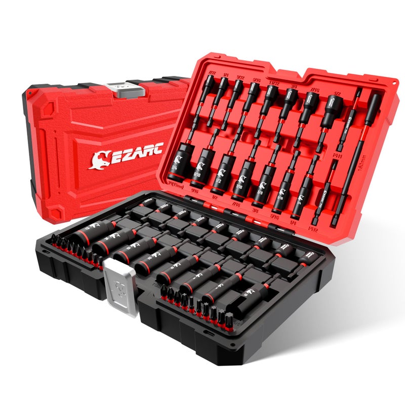 EZARC 55PCS Magnetic Impact Nut Driver Set, 1/4" Hex Shank Socket Adapter with Deep & Shallow Sockets, Wing Nut Setter, S2 Bits & Extension - Compatible with Impact Drills/Wrenches - Image 1