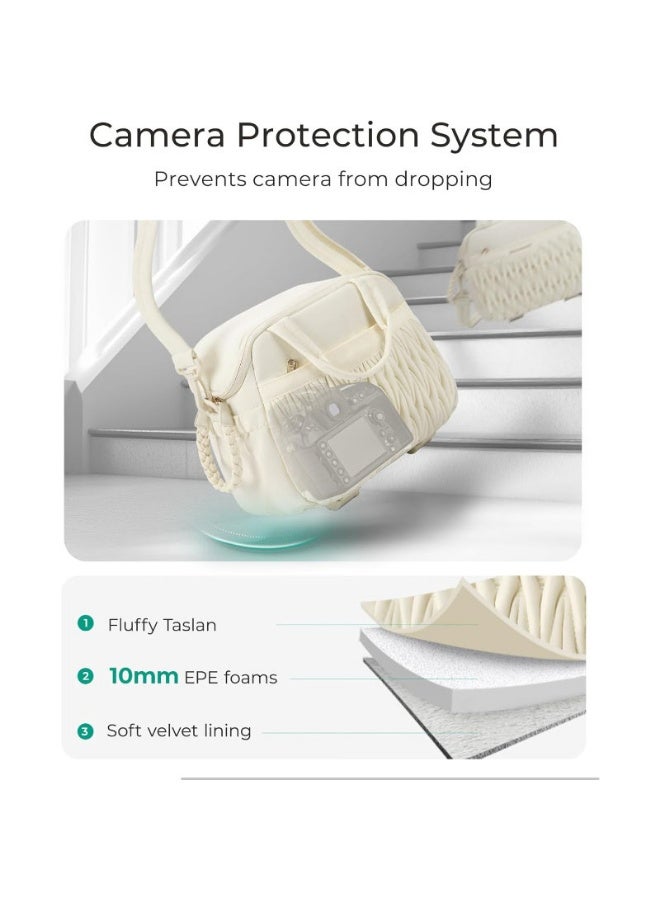 Portable Small Camera Bag (Off White), Water-Resistant Crossbody Camera Case with Multi-Pocket Design, 14" Tripod Storage, Anti-Theft Pocket, and Soft Velvet Interior - Image 4