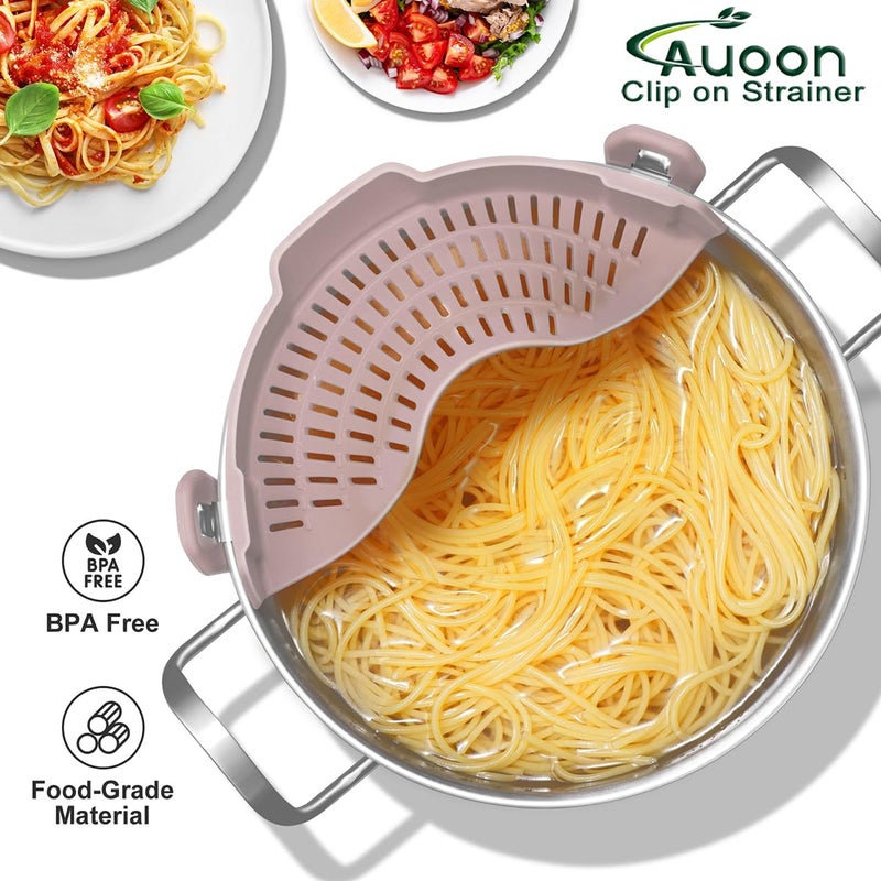 AUOON Clip on Strainer for Pots and Pans - Silicone Food Strainer for Draining Pasta, Spaghetti, Noodles, Fruits, Vegetables, Grease, Ground Beef (Almond Rose) - Image 2